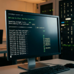 Terminal screen showing Plesk Obsidian installer updating packages and setting up databases