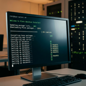 Terminal screen showing Plesk Obsidian installer updating packages and setting up databases